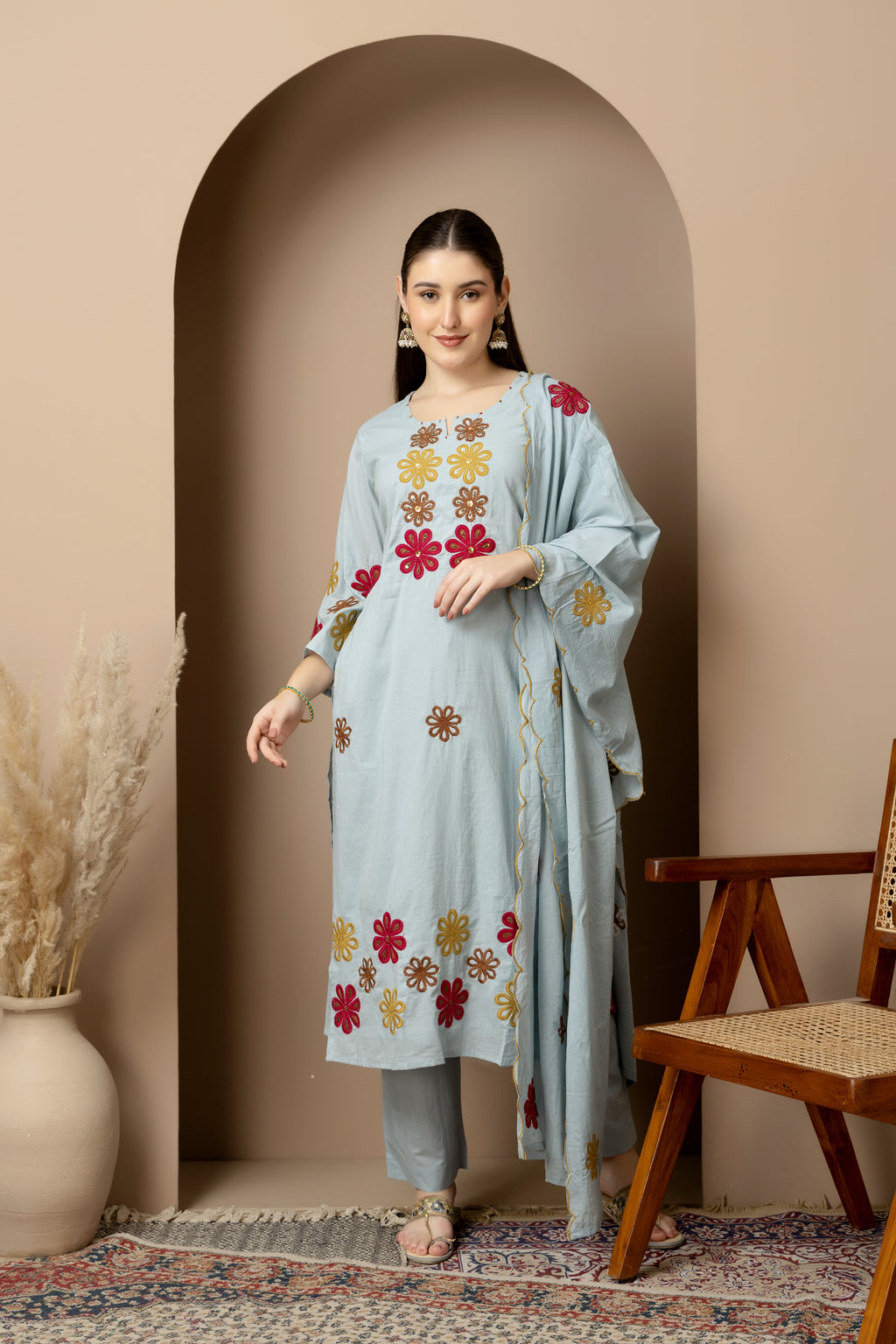 Sky Blue Embroidered 3-Piece Ethnic Suit Set
