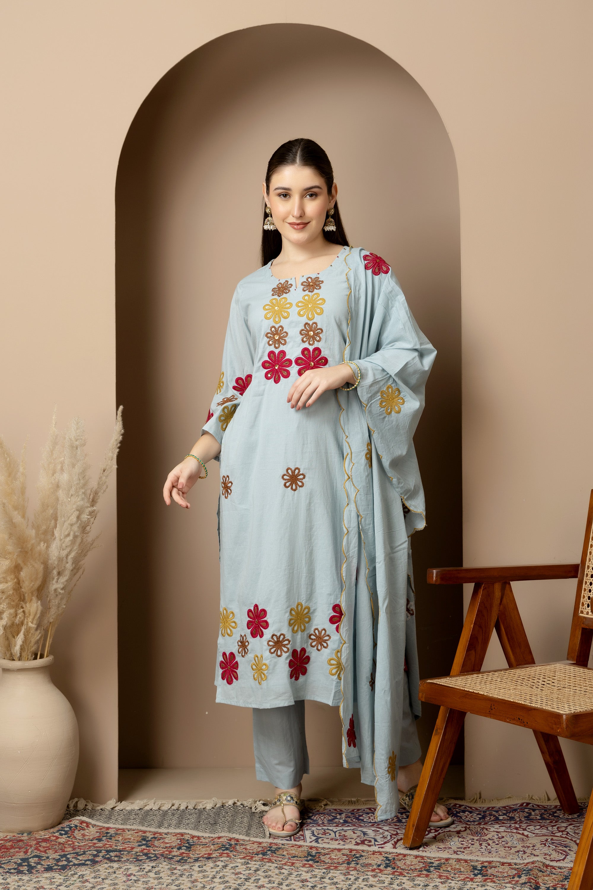 Sky Blue Embroidered 3-Piece Ethnic Suit Set