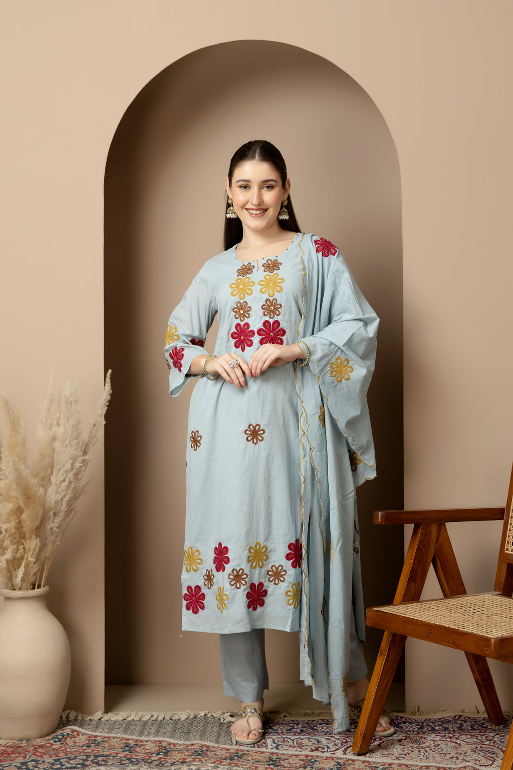 Sky Blue Embroidered 3-Piece Ethnic Suit Set