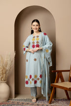 Sky Blue Embroidered 3-Piece Ethnic Suit Set