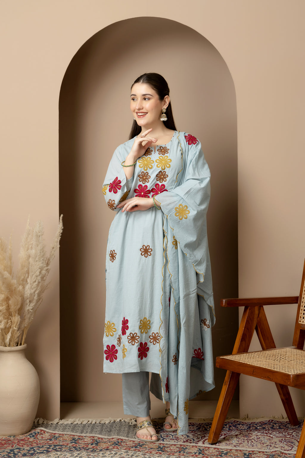Sky Blue Embroidered 3-Piece Ethnic Suit Set