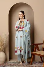 Sky Blue Embroidered 3-Piece Ethnic Suit Set