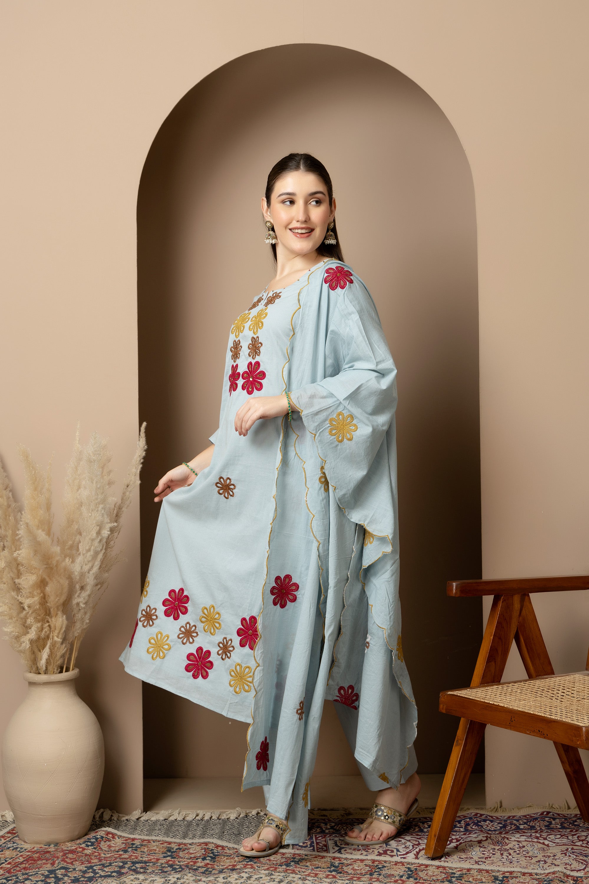 Sky Blue Embroidered 3-Piece Ethnic Suit Set
