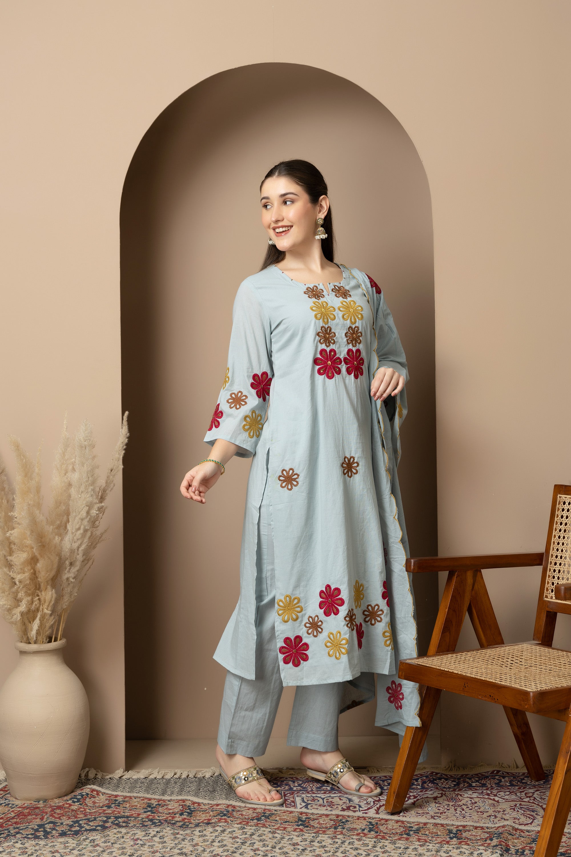 Sky Blue Embroidered 3-Piece Ethnic Suit Set
