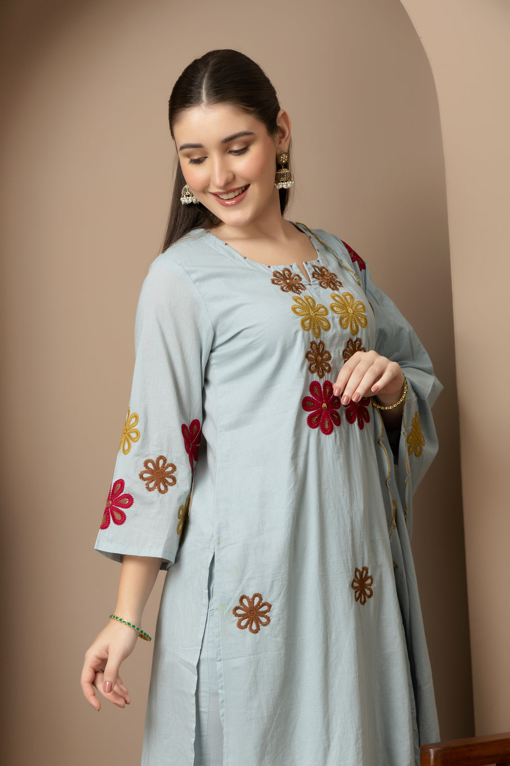 Sky Blue Embroidered 3-Piece Ethnic Suit Set
