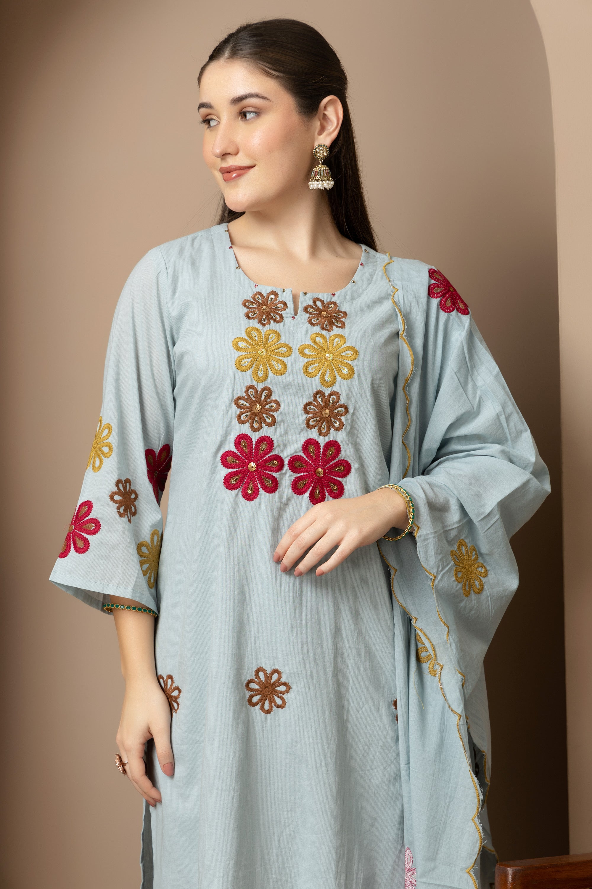 Sky Blue Embroidered 3-Piece Ethnic Suit Set