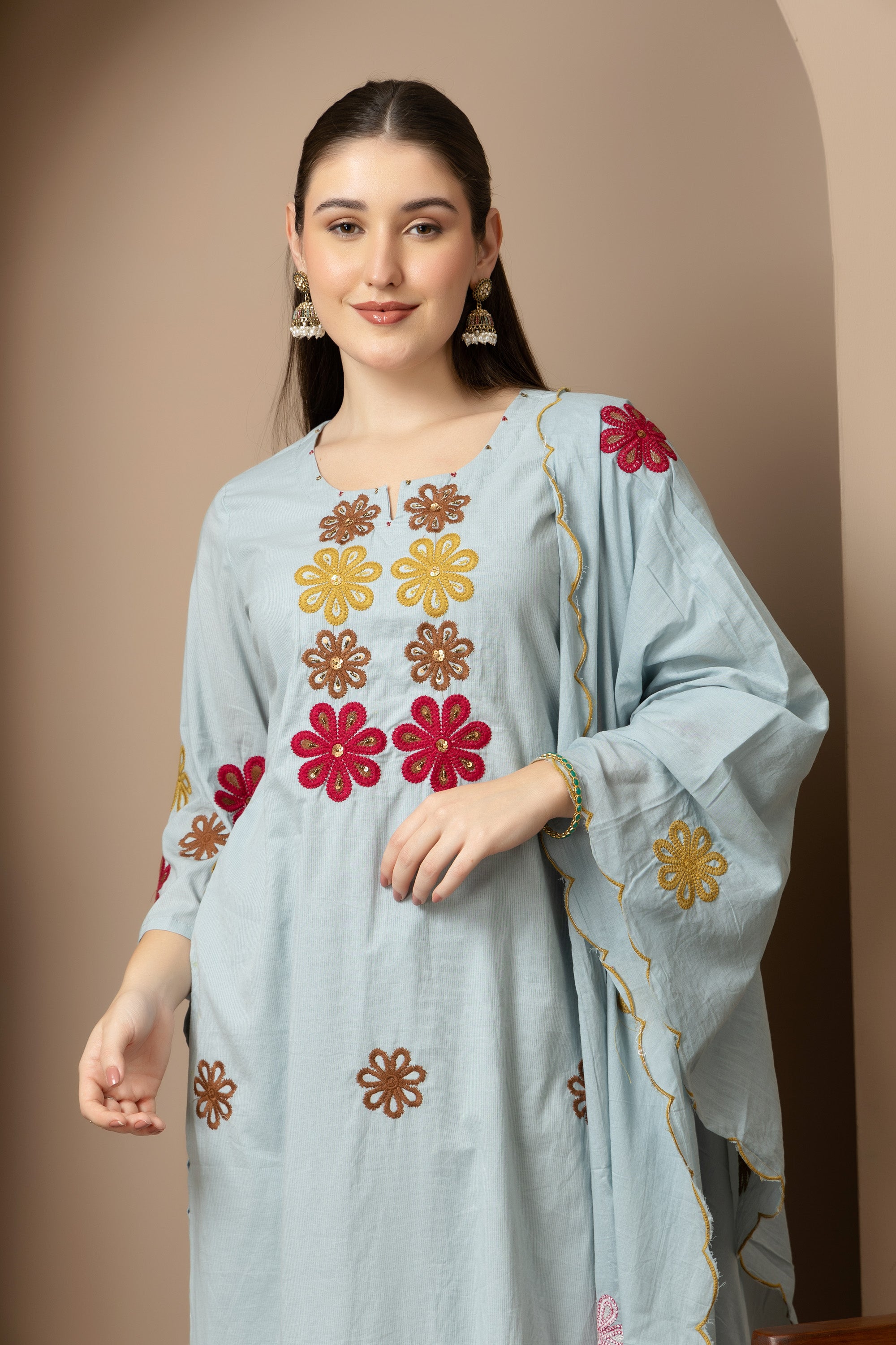Sky Blue Embroidered 3-Piece Ethnic Suit Set
