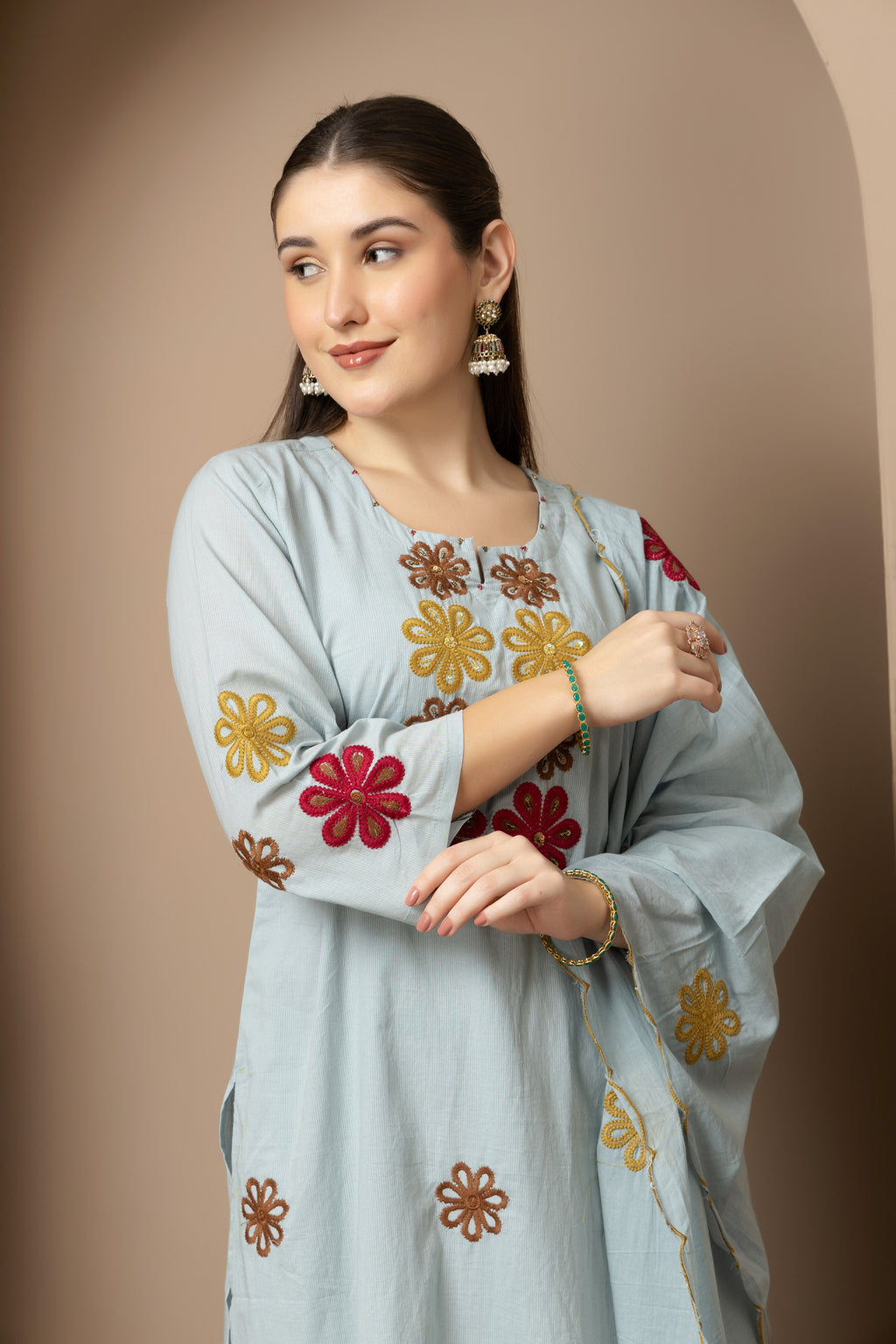 Sky Blue Embroidered 3-Piece Ethnic Suit Set