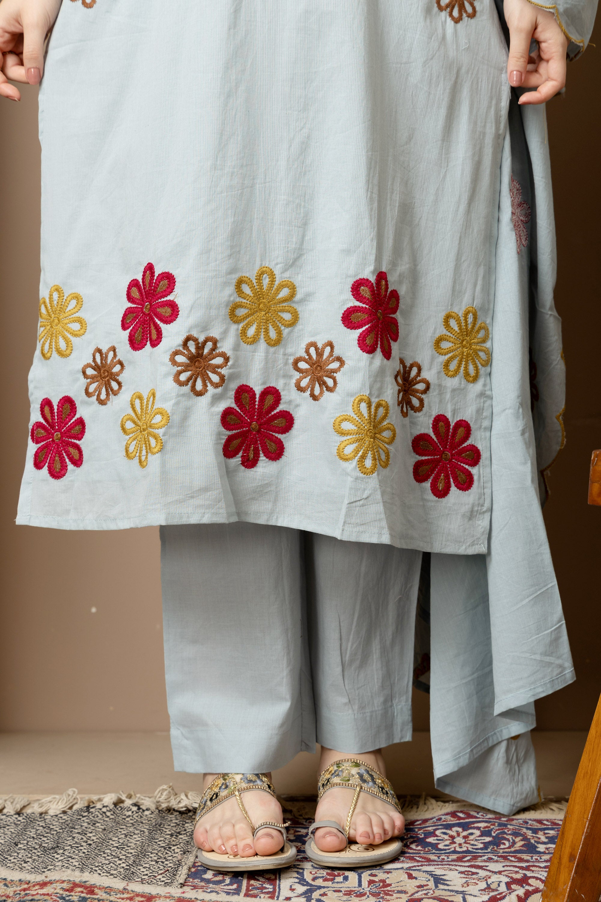 Sky Blue Embroidered 3-Piece Ethnic Suit Set