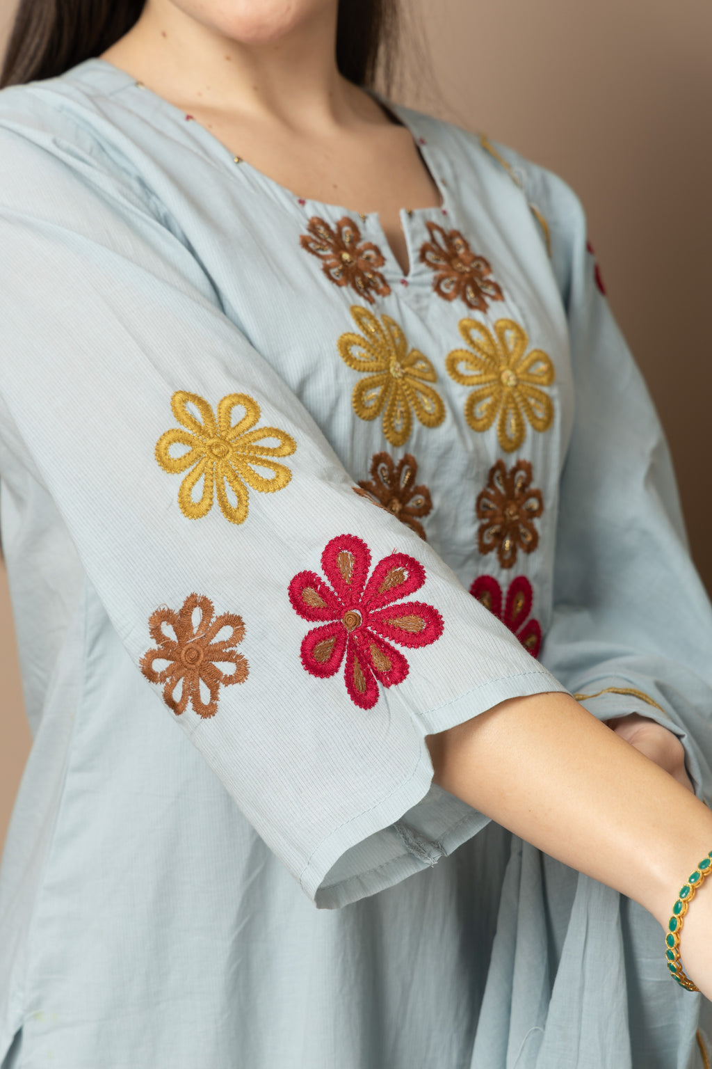 Sky Blue Embroidered 3-Piece Ethnic Suit Set