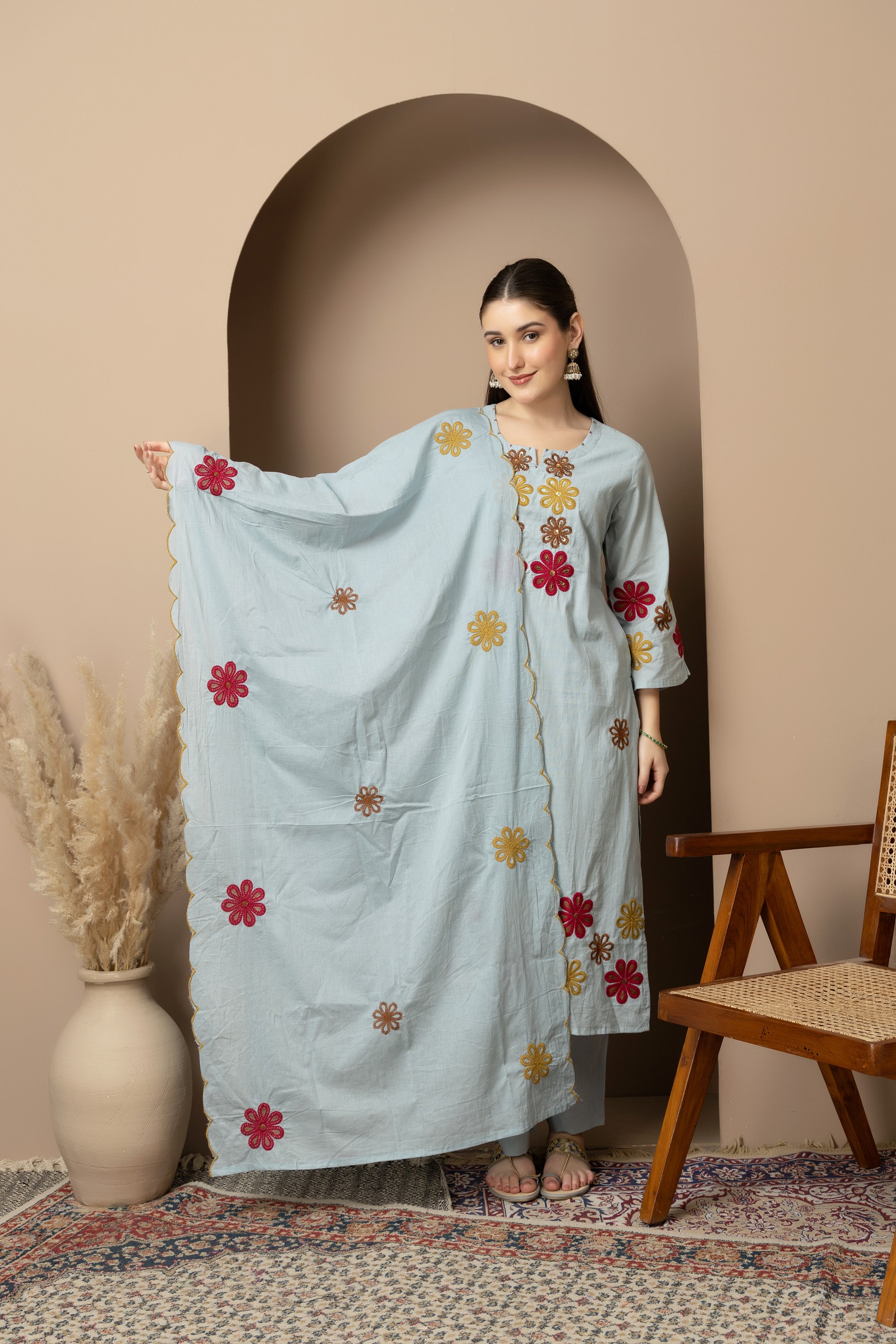 Sky Blue Embroidered 3-Piece Ethnic Suit Set