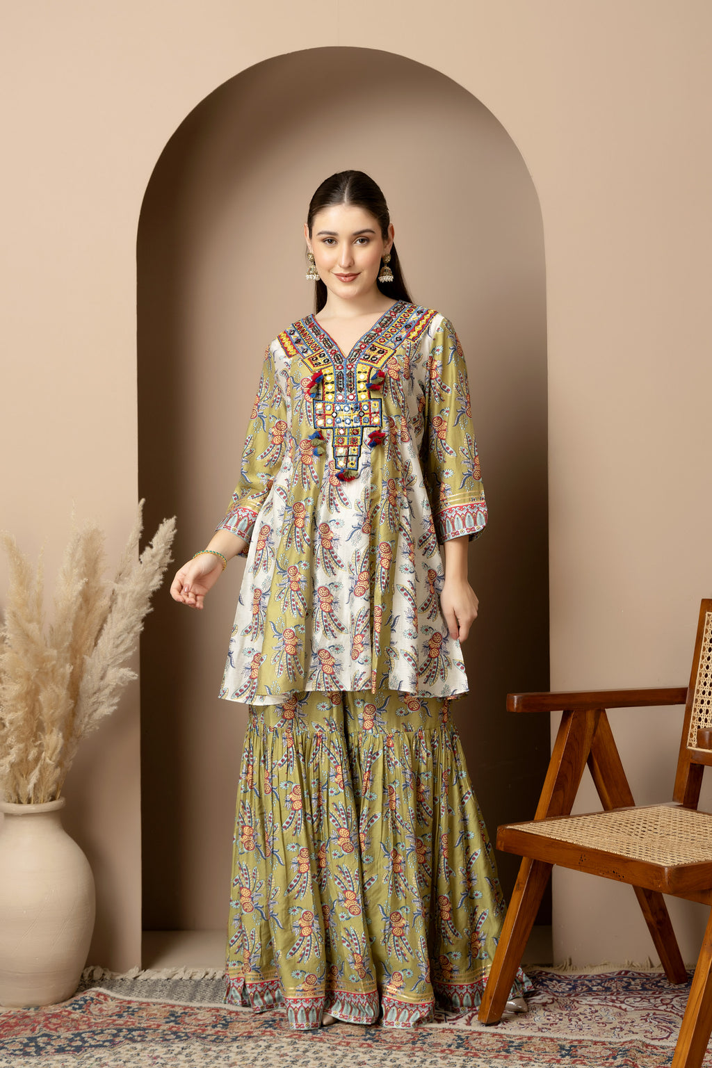 Olive Green Printed Kurta with Sharara Set