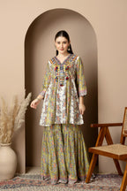 Olive Green Printed Kurta with Sharara Set