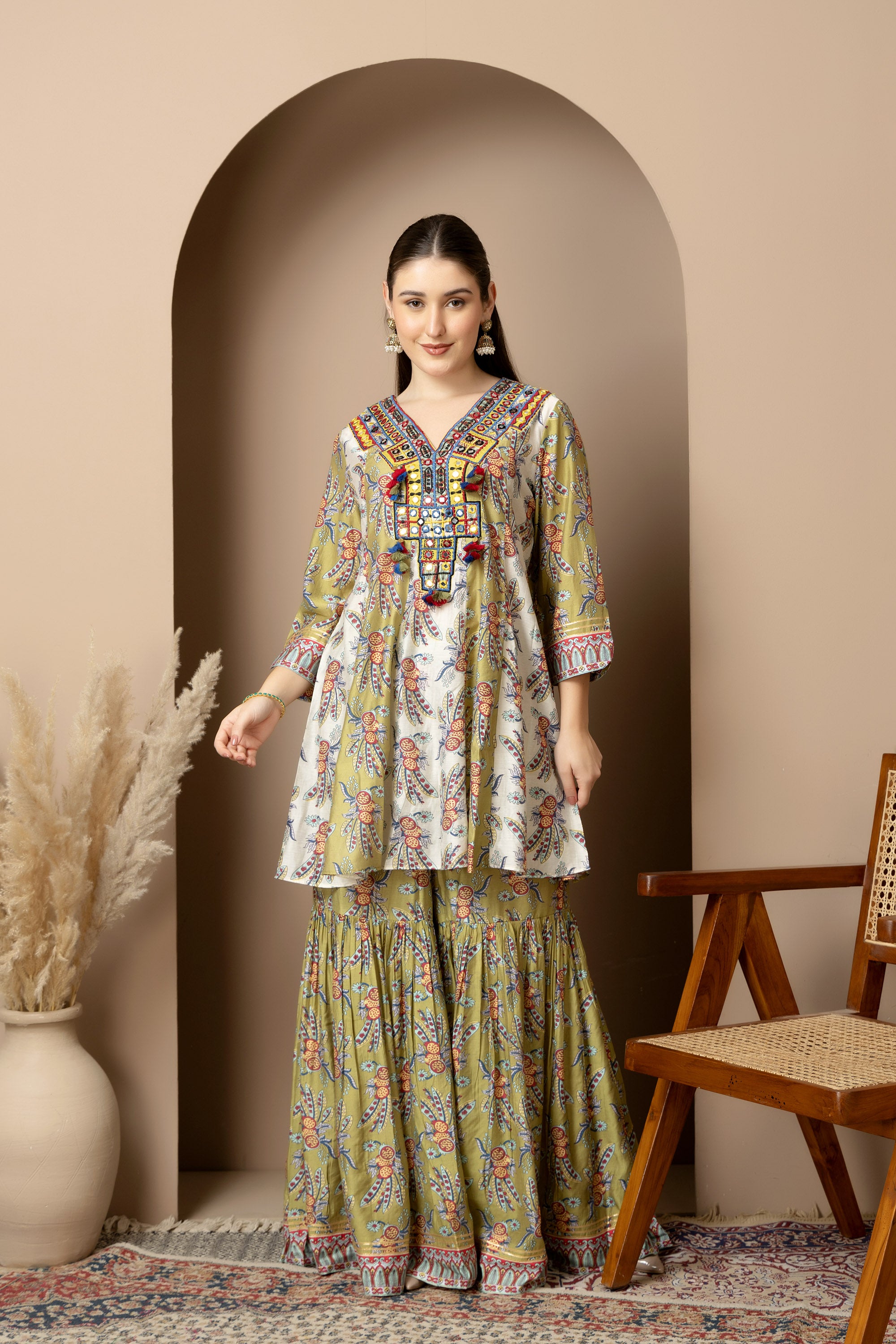 Olive Green Printed Kurta with Sharara Set