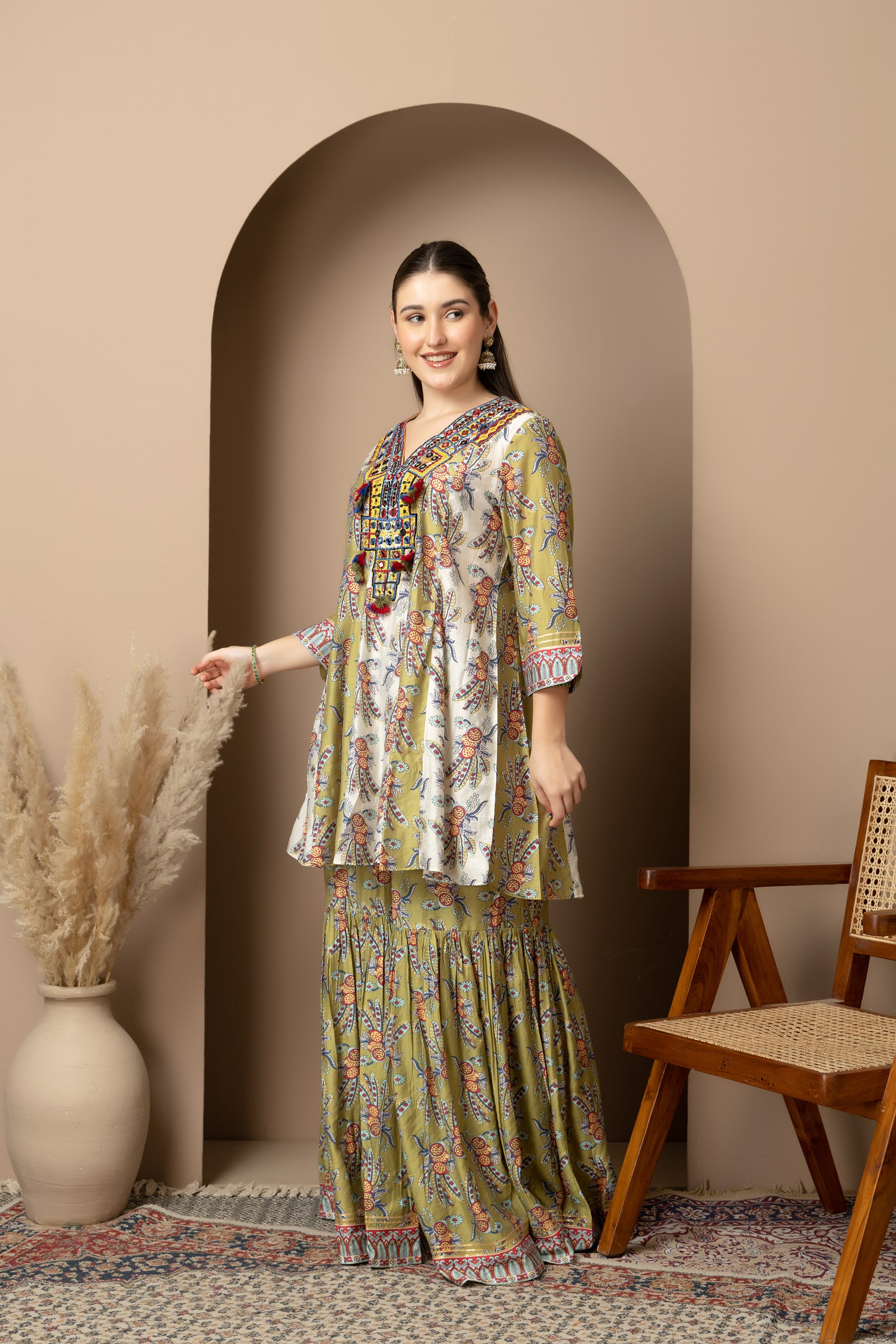 Olive Green Printed Kurta with Sharara Set