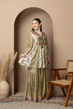 Olive Green Printed Kurta with Sharara Set