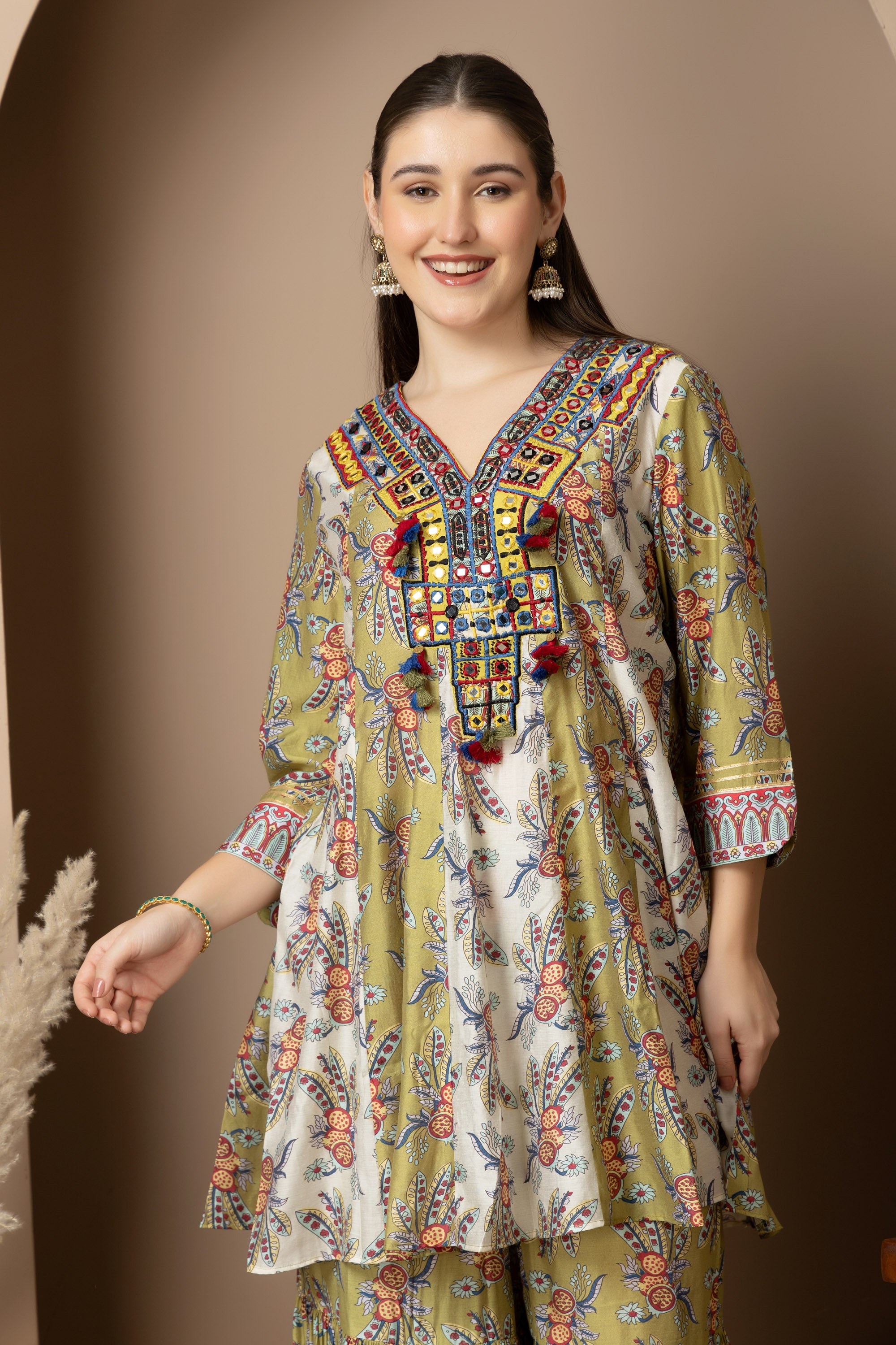 Olive Green Printed Kurta with Sharara Set
