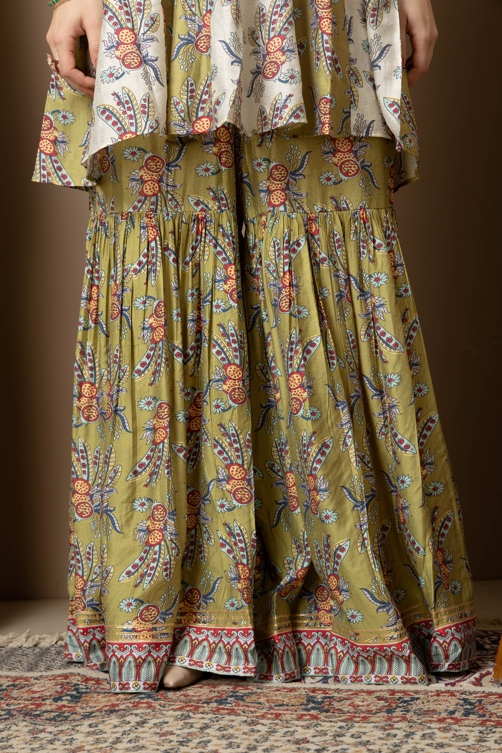 Olive Green Printed Kurta with Sharara Set