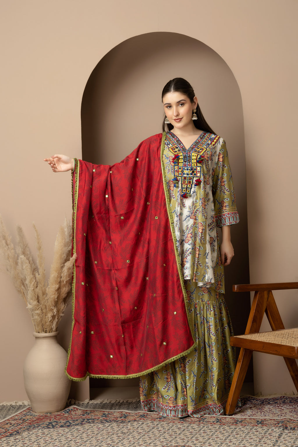 Olive Green Printed Kurta with Sharara Set