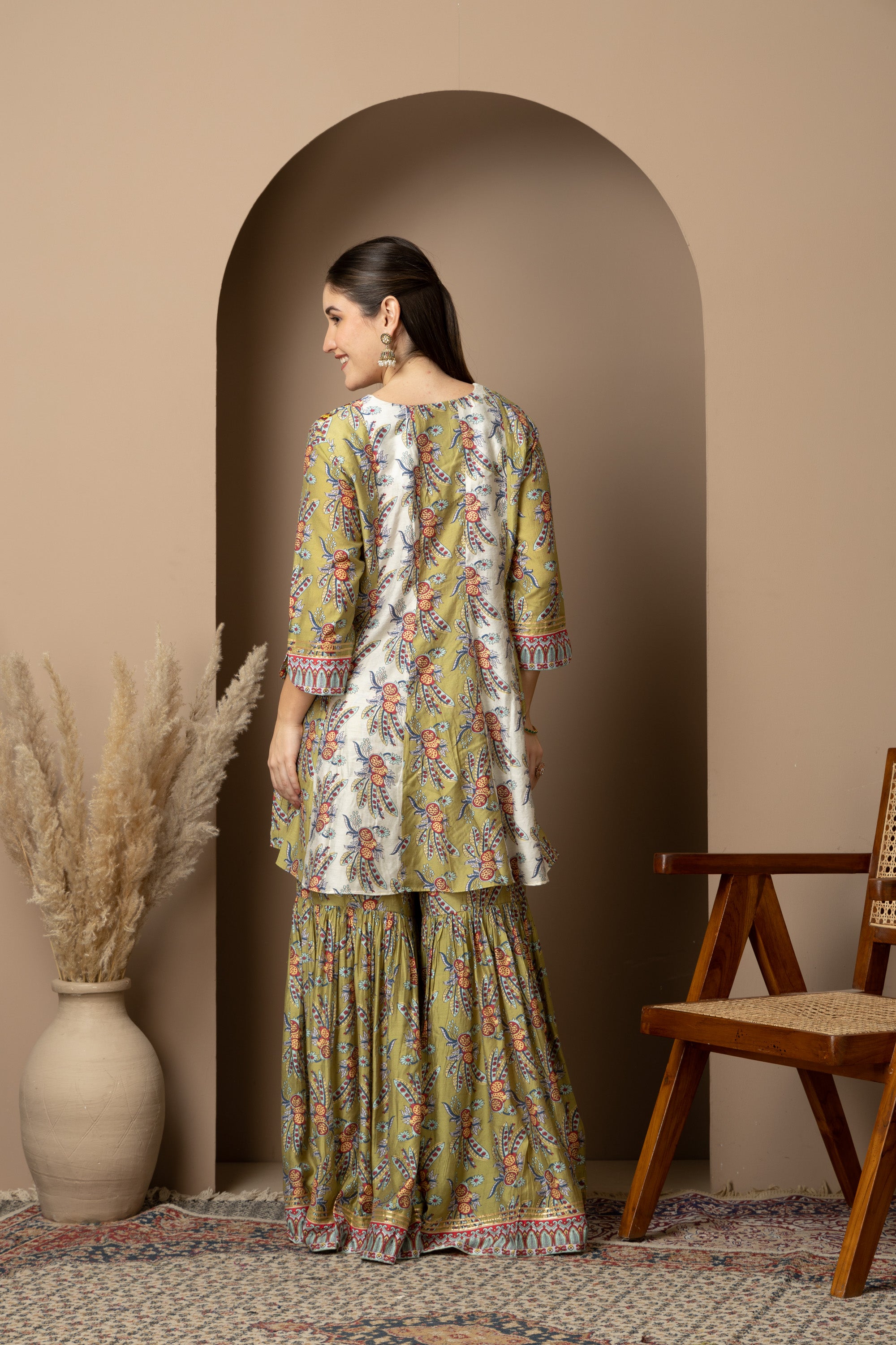 Olive Green Printed Kurta with Sharara Set