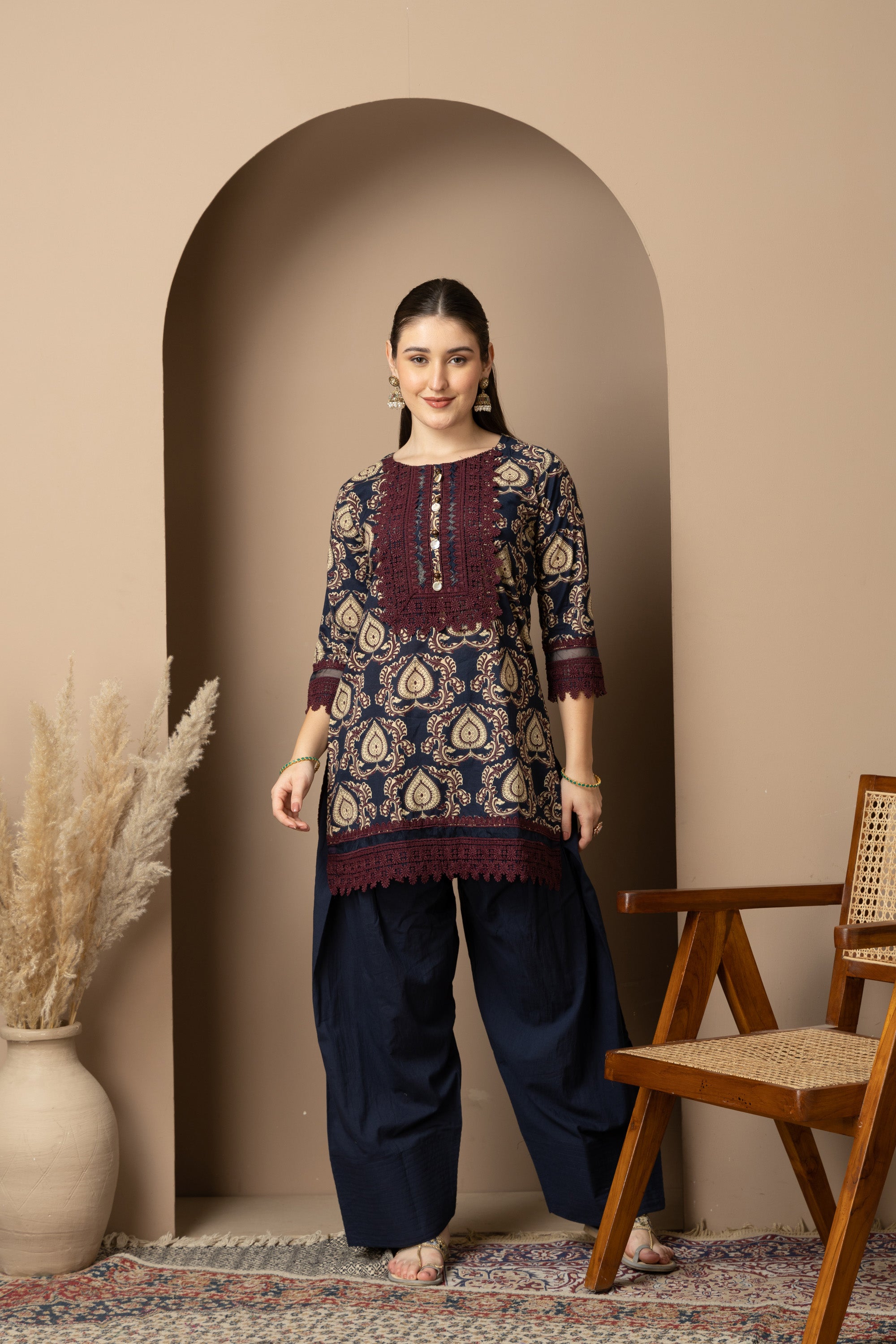 Navy Blue Printed Kurta with  Farshi  Salwar