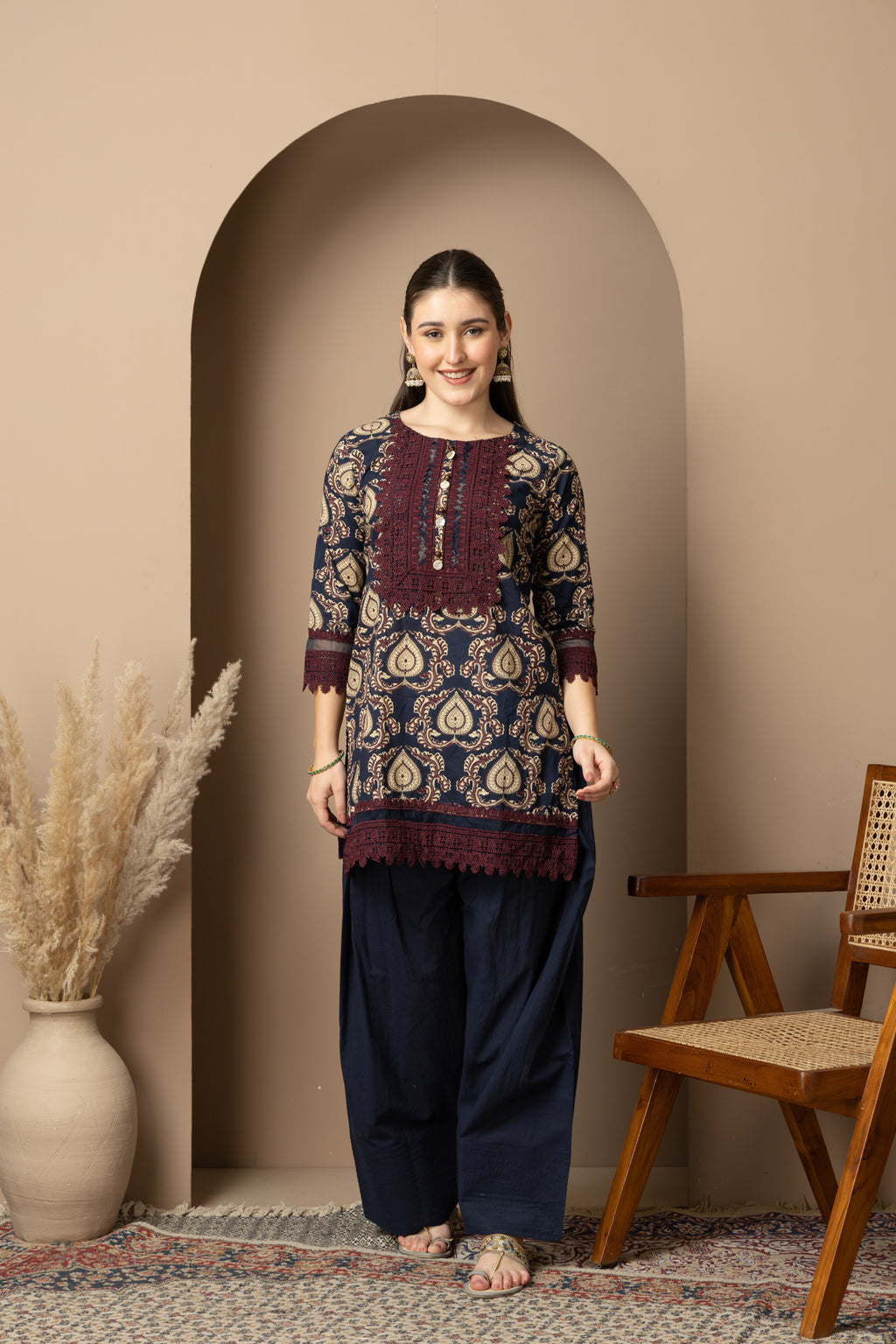 Navy Blue Printed Kurta with  Farshi  Salwar