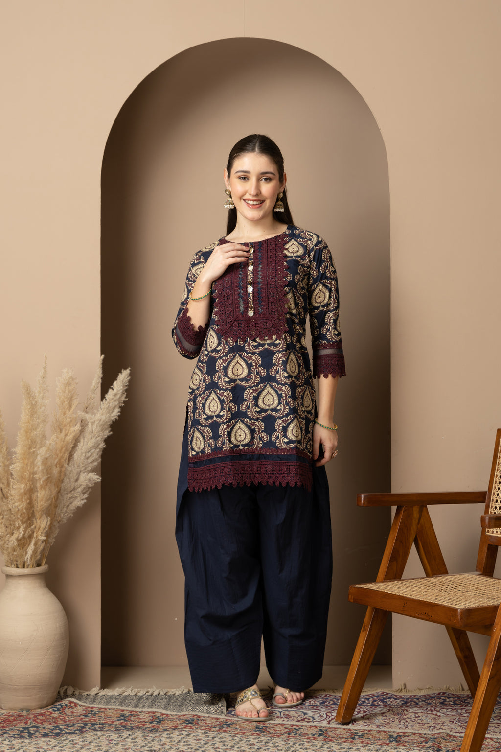 Navy Blue Printed Kurta with  Farshi  Salwar