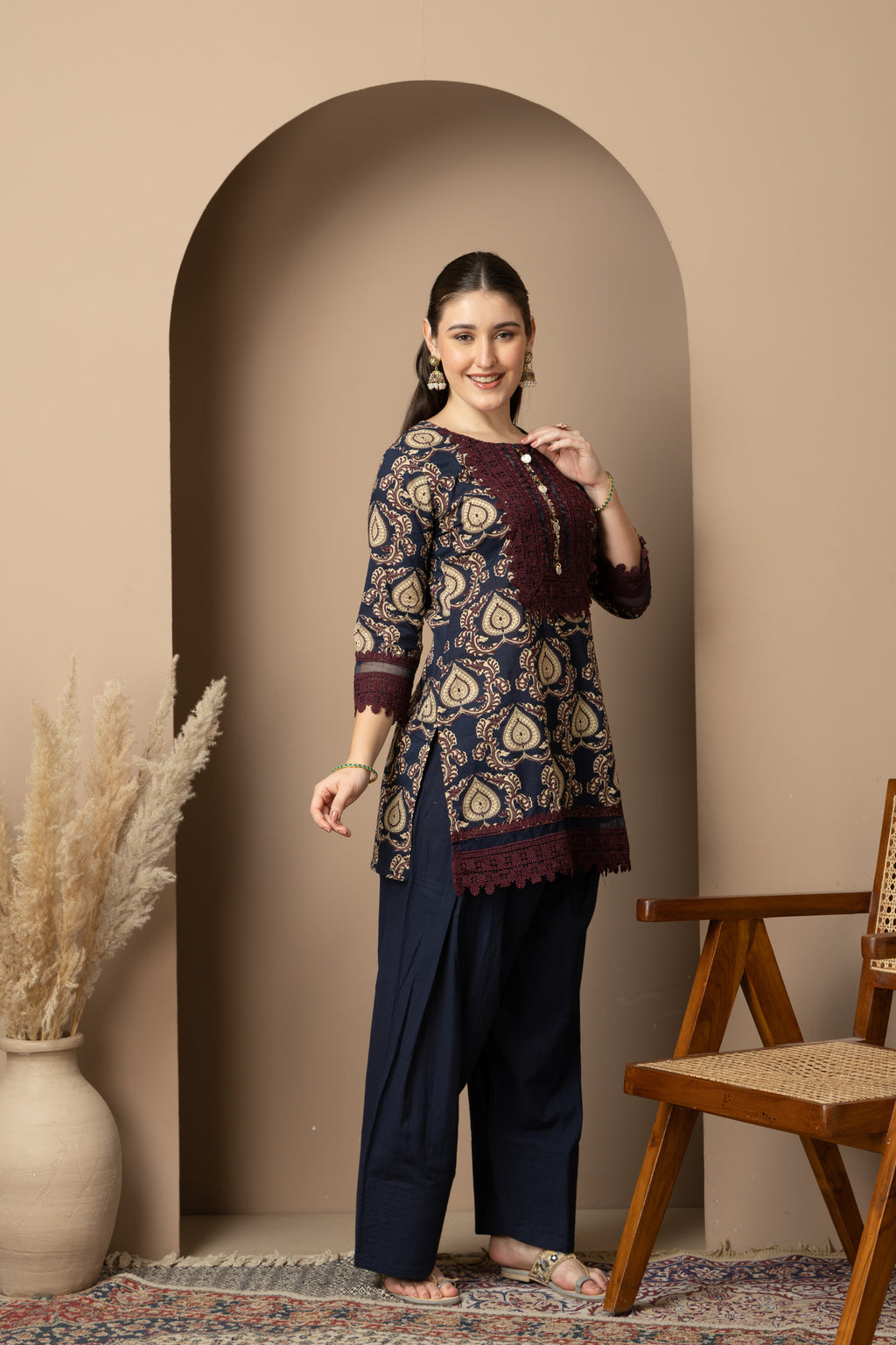Navy Blue Printed Kurta with  Farshi  Salwar