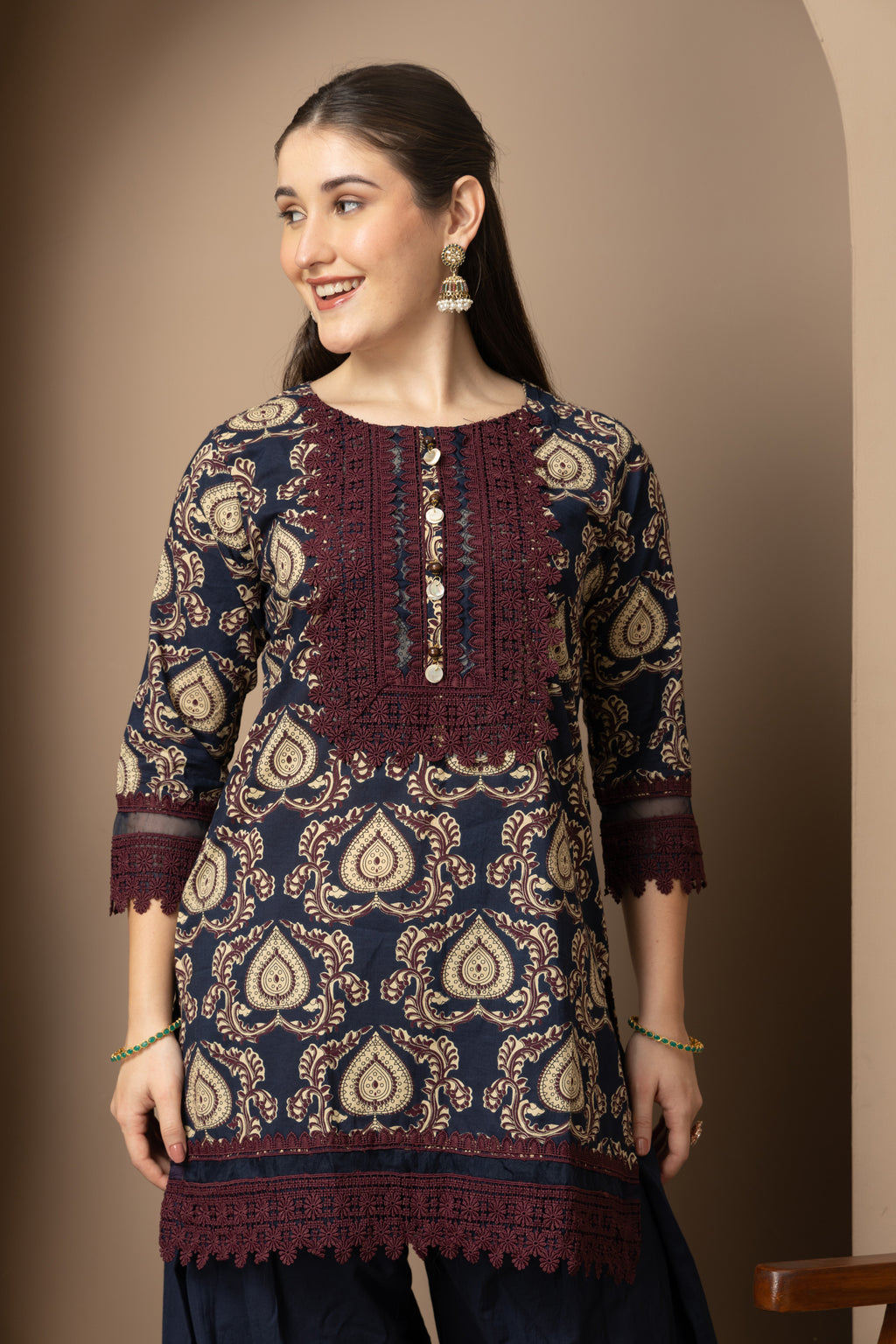 Navy Blue Printed Kurta with  Farshi  Salwar