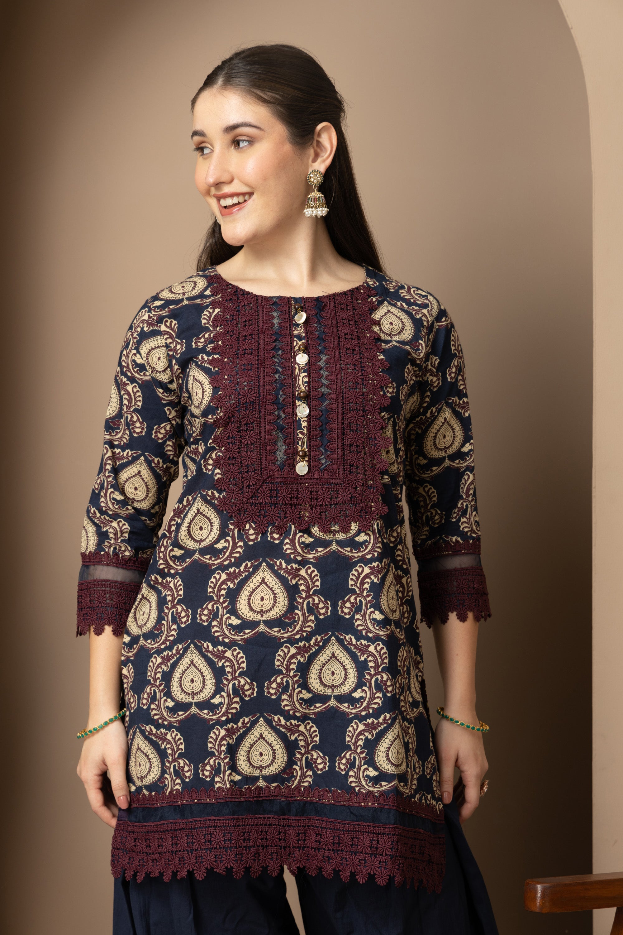 Navy Blue Printed Kurta with  Farshi  Salwar