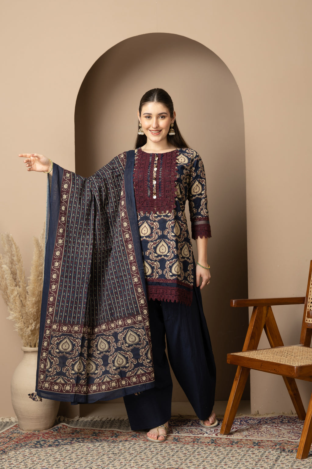 Navy Blue Printed Kurta with  Farshi  Salwar