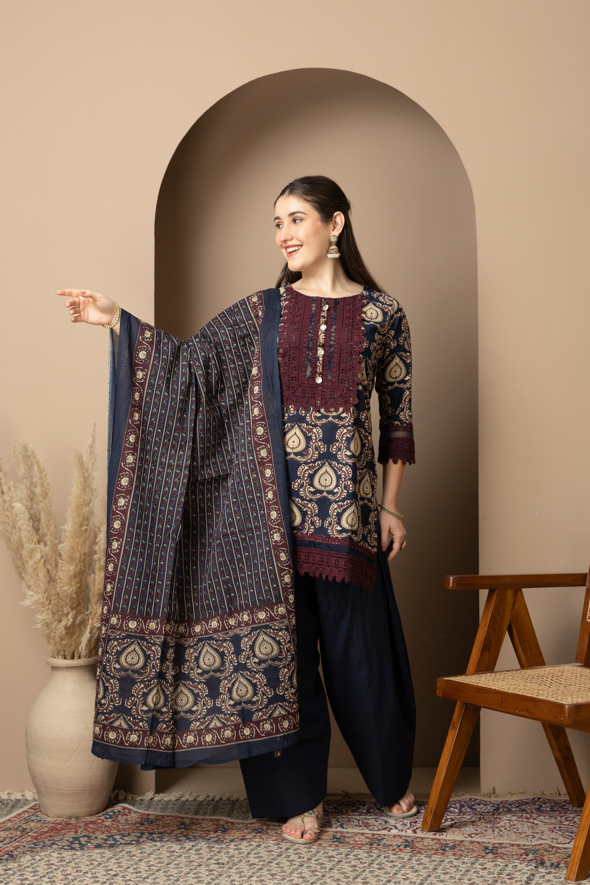 Navy Blue Printed Kurta with  Farshi  Salwar