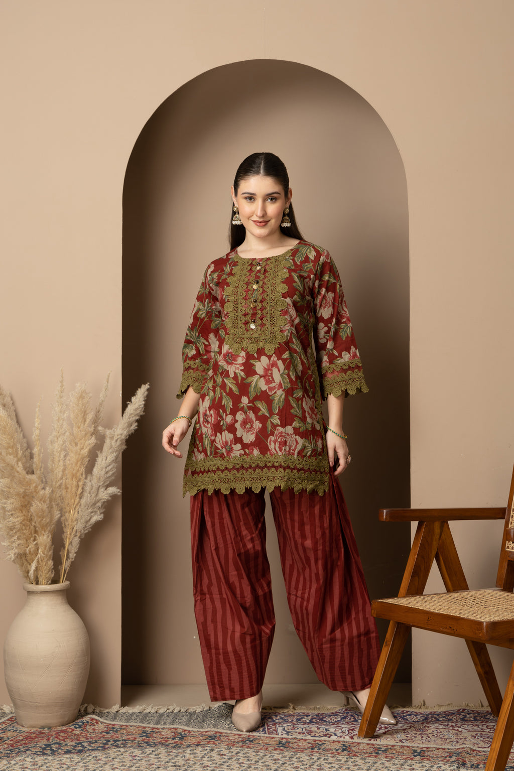 Rust Floral Printed Kurta With Striped  Farshi salwar