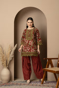 Rust Floral Printed Kurta With Striped  Farshi salwar