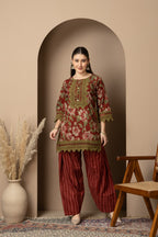 Rust Floral Printed Kurta With Striped  Farshi salwar