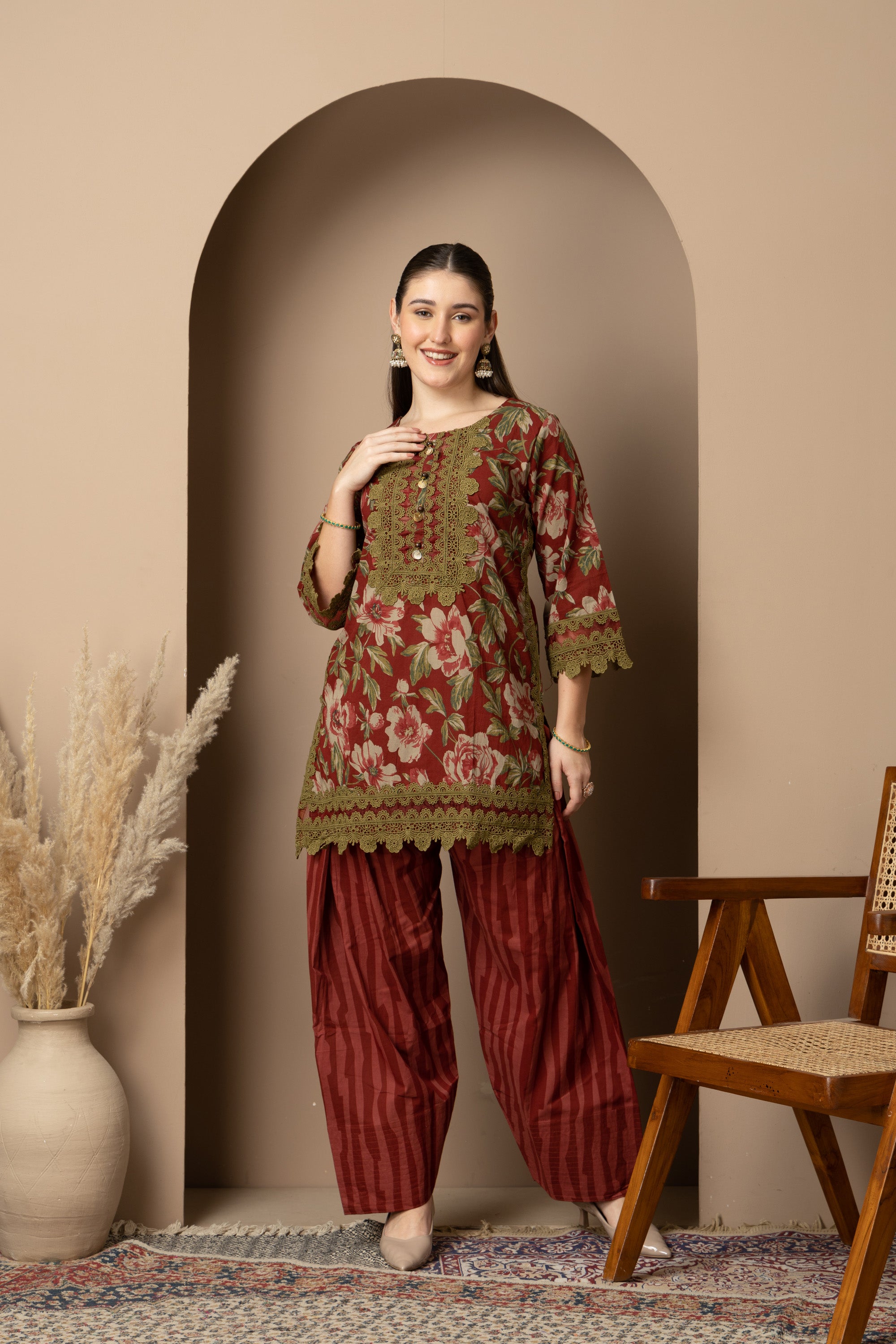 Rust Floral Printed Kurta With Striped  Farshi salwar