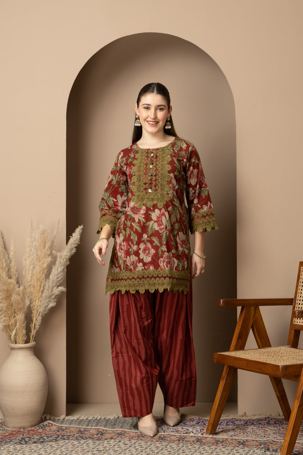 Rust Floral Printed Kurta With Striped  Farshi salwar