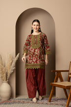 Rust Floral Printed Kurta With Striped  Farshi salwar