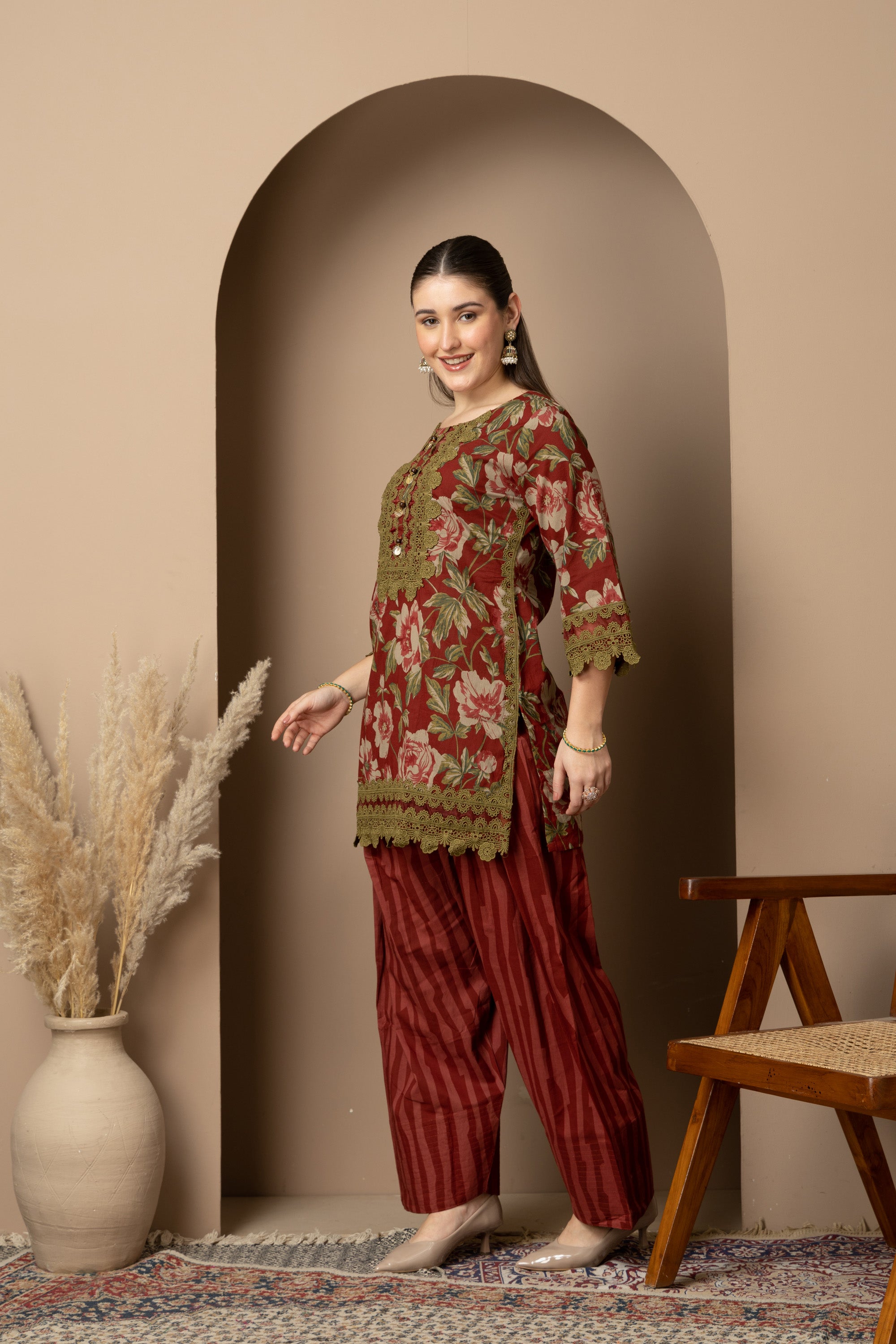 Rust Floral Printed Kurta With Striped  Farshi salwar