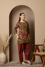 Rust Floral Printed Kurta With Striped  Farshi salwar