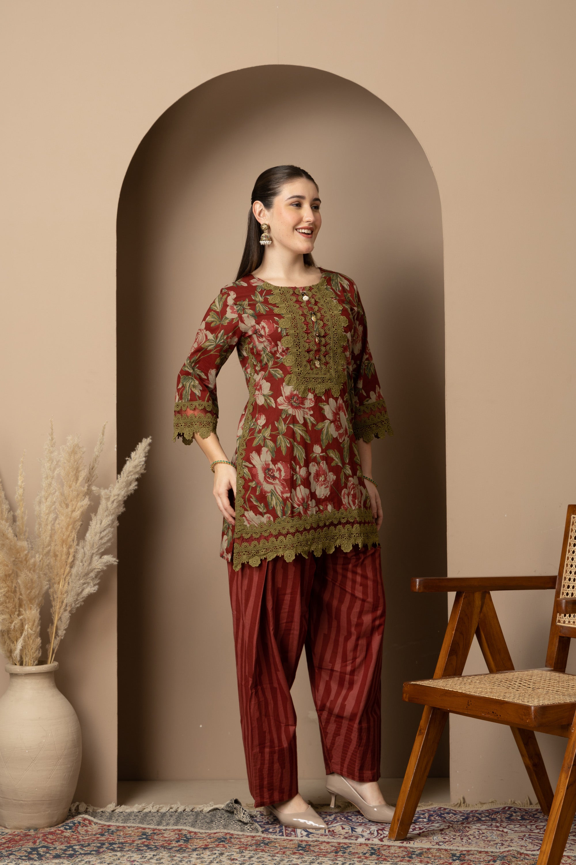 Rust Floral Printed Kurta With Striped  Farshi salwar