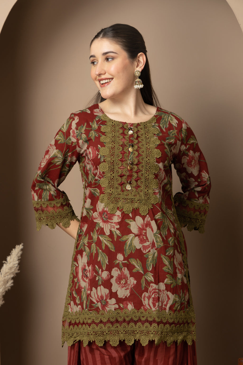 Rust Floral Printed Kurta With Striped  Farshi salwar