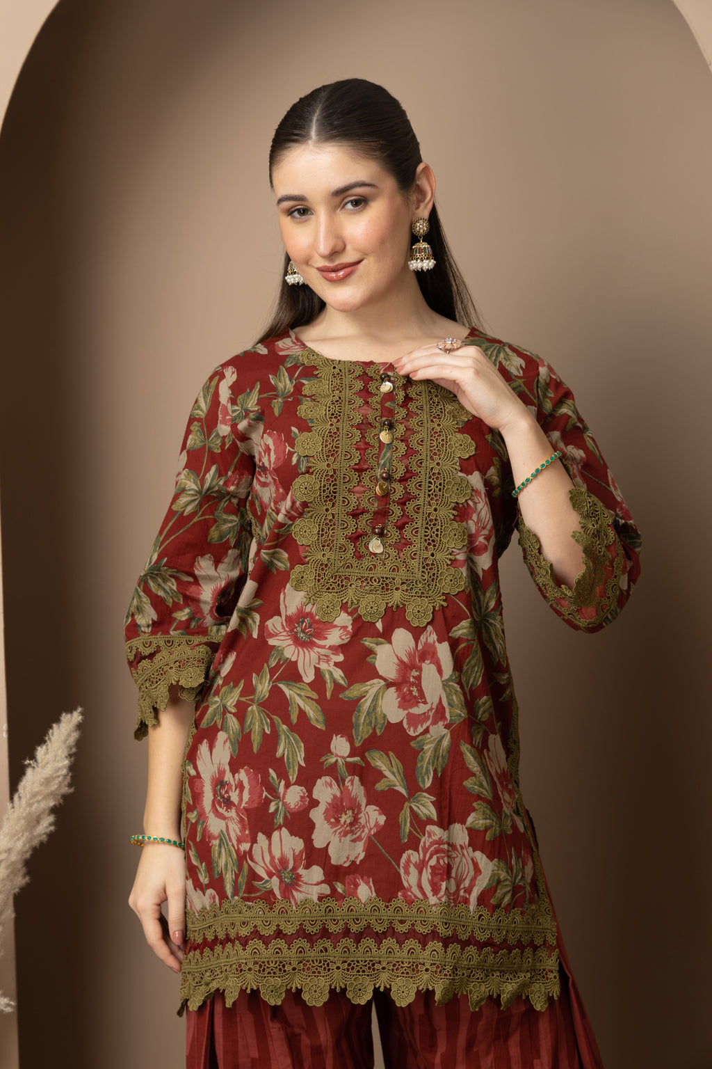 Rust Floral Printed Kurta With Striped  Farshi salwar
