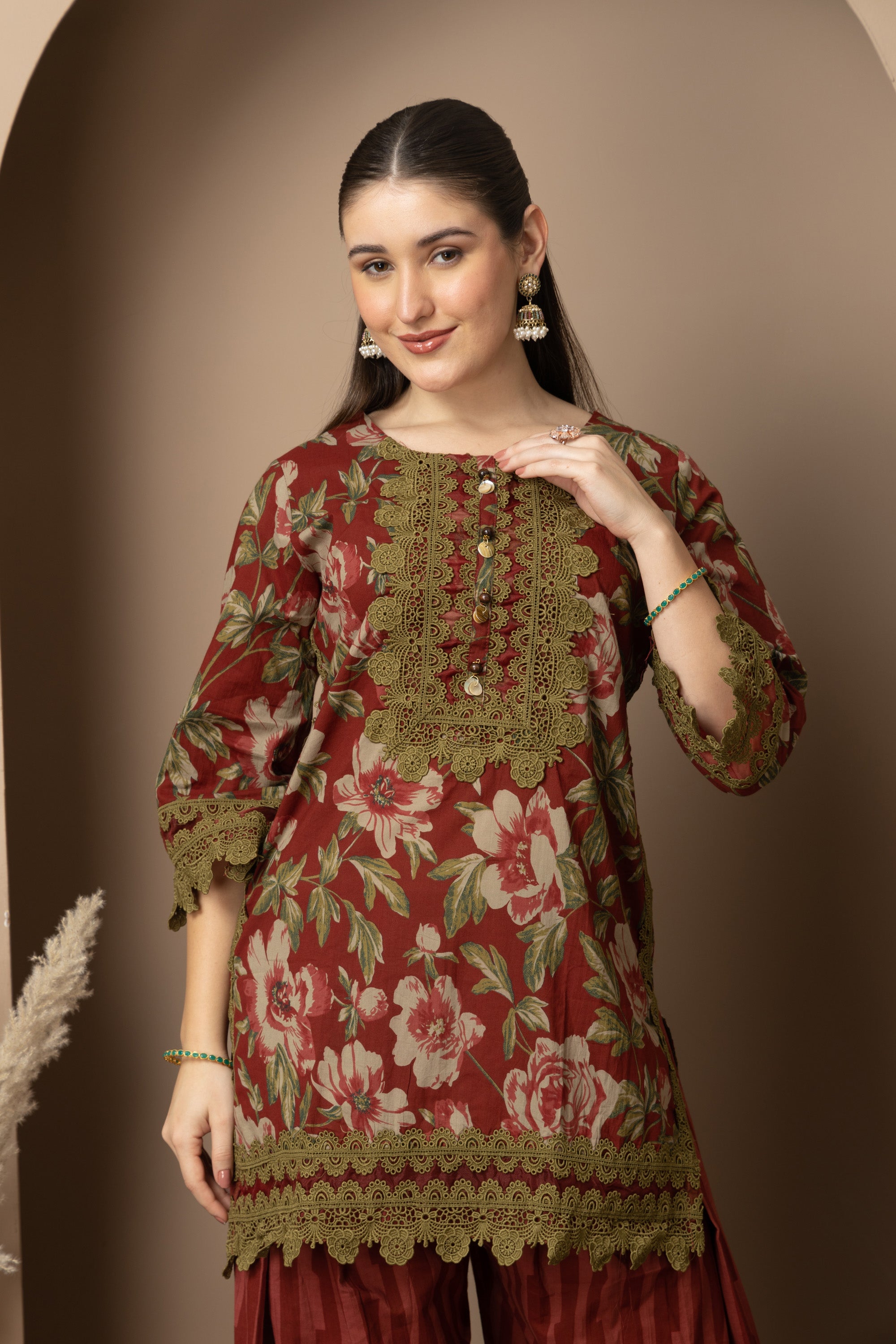 Rust Floral Printed Kurta With Striped  Farshi salwar