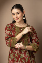 Rust Floral Printed Kurta With Striped  Farshi salwar