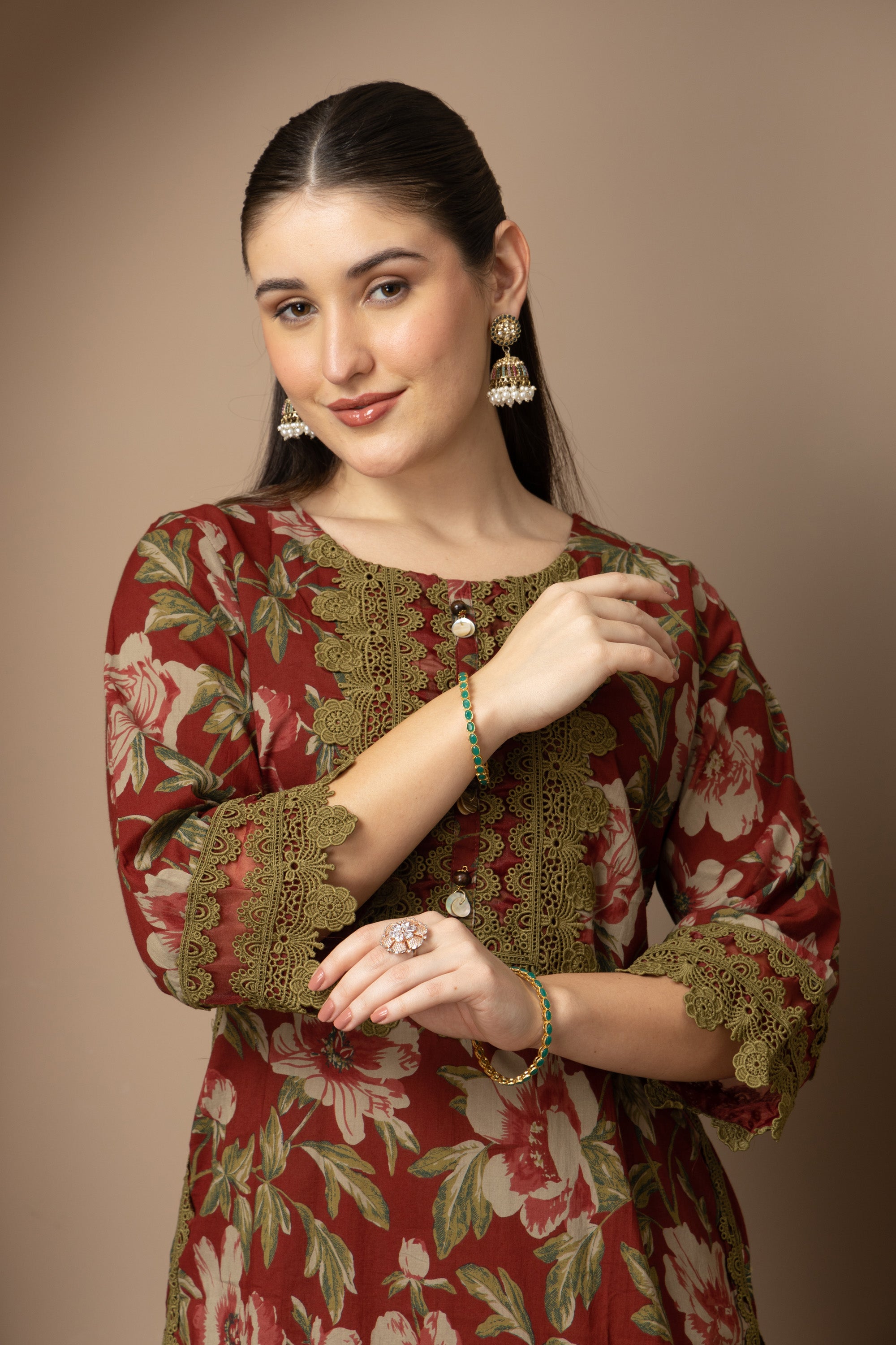 Rust Floral Printed Kurta With Striped  Farshi salwar