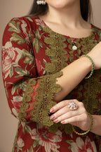 Rust Floral Printed Kurta With Striped  Farshi salwar