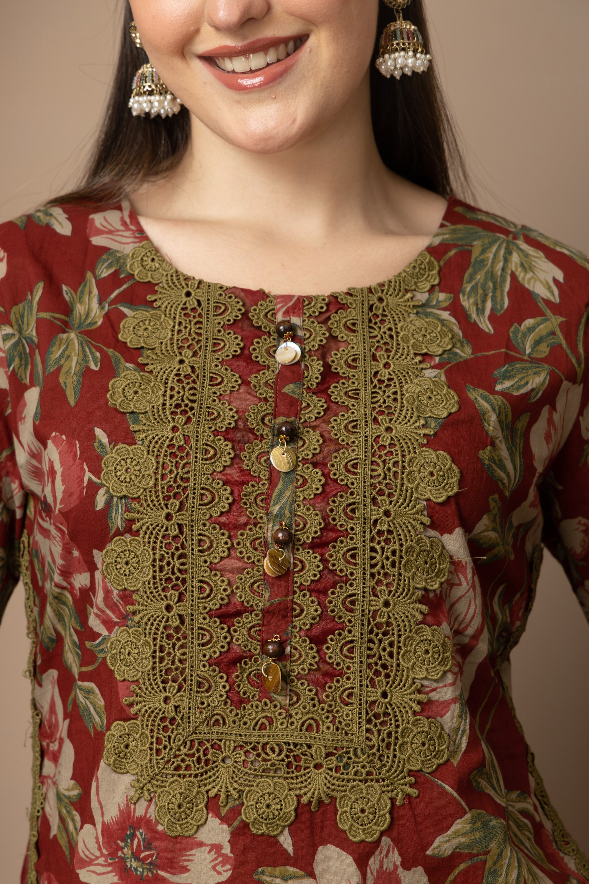 Rust Floral Printed Kurta With Striped  Farshi salwar