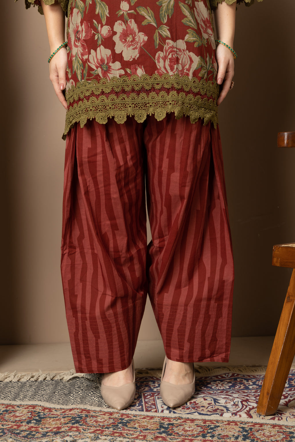 Rust Floral Printed Kurta With Striped  Farshi salwar