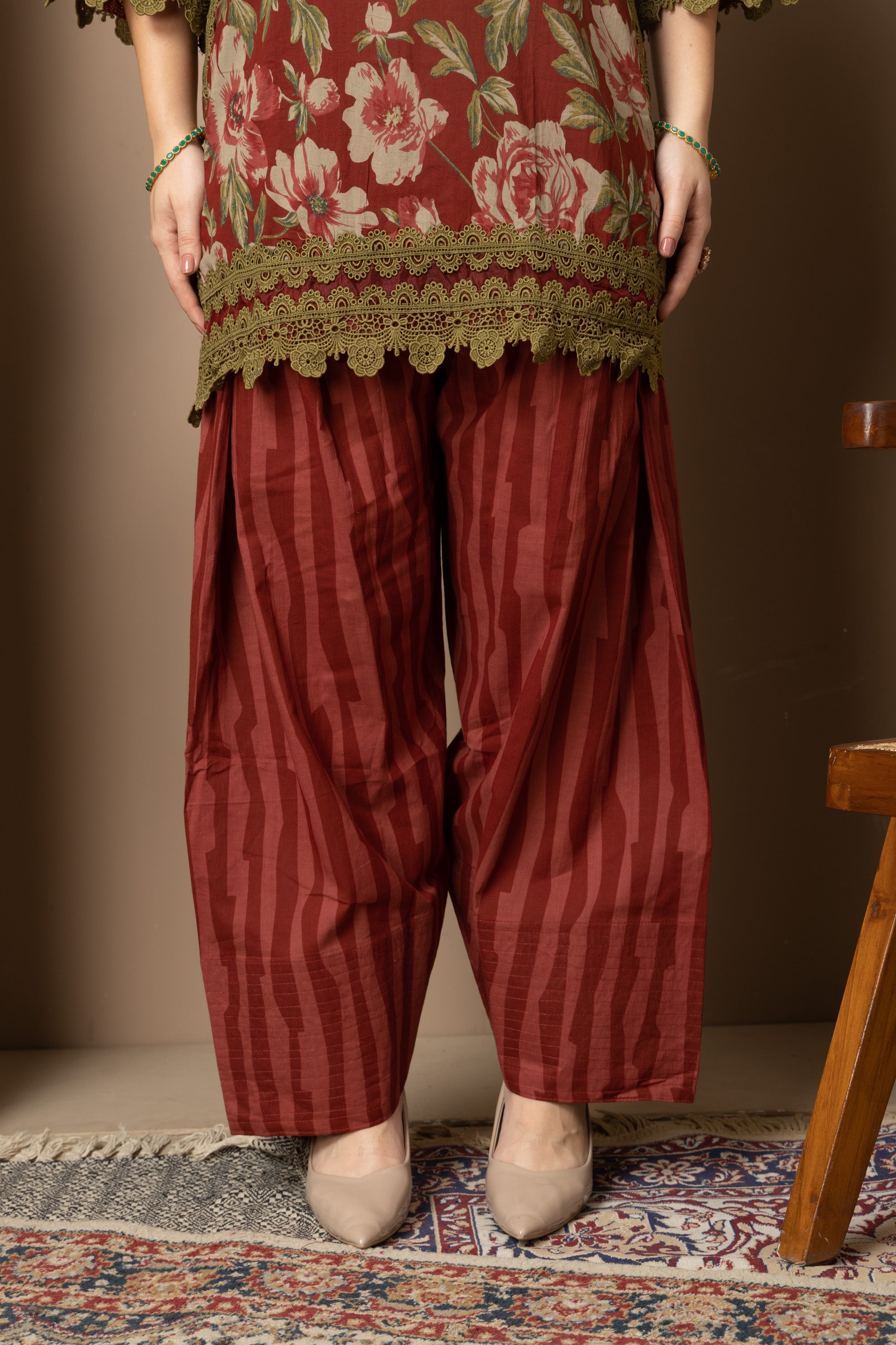 Rust Floral Printed Kurta With Striped  Farshi salwar